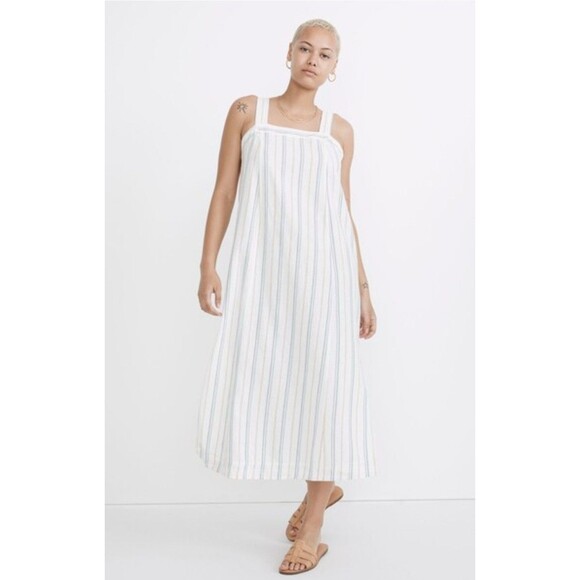 NEW Madewell Linen Cotton Princess Seamed Midi Dress Sz XXS Desert Dune Striped - Picture 1 of 8
